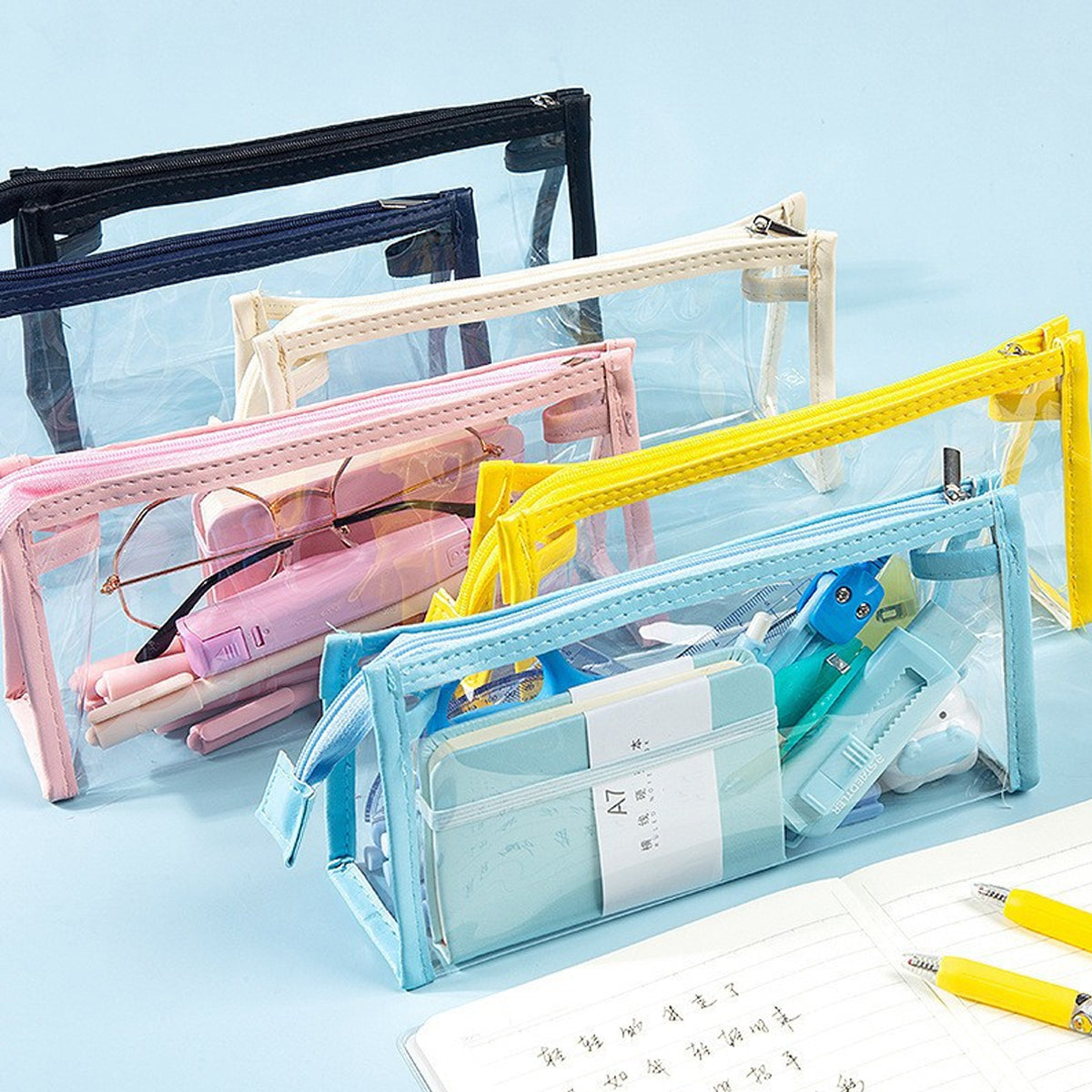 Big Capacity Clear Pencil Pouch Pen Bag with Zipper Closure, Cute Stationery Organizer Transparent Makeup Bag for Adult Girls Boys Office School Supplies
