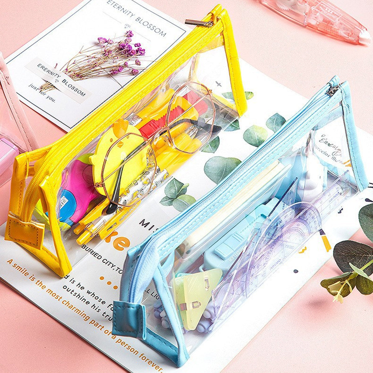 Big Capacity Clear Pencil Pouch Pen Bag with Zipper Closure, Cute Stationery Organizer Transparent Makeup Bag for Adult Girls Boys Office School Supplies