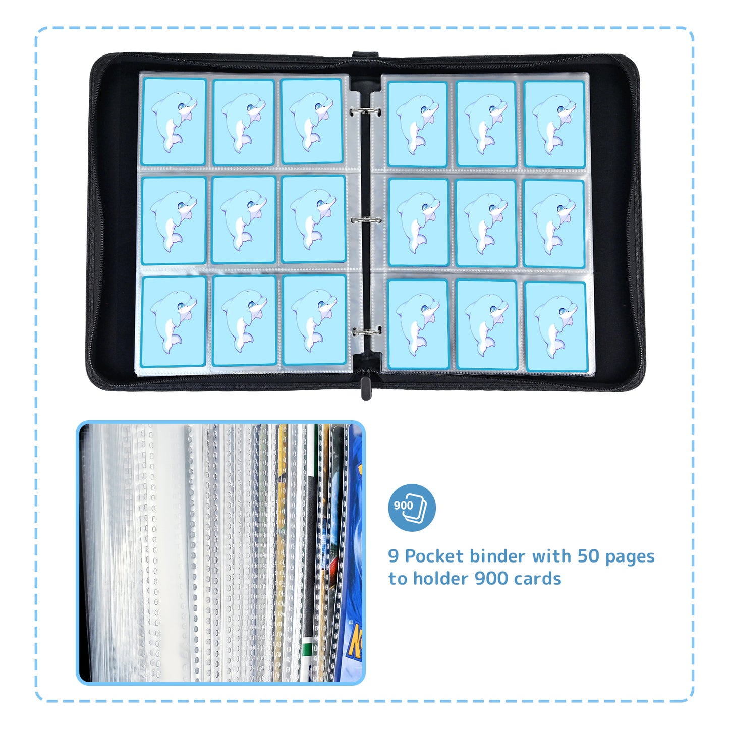9-Pocket Binder for Pokemon Cards with Sleeves, Card Holder Binder for Pokémon Trading Cards, Holds Up to 900 Standard Size Cards, 50 Pcs Pages Card Album with Zipper Carrying Case