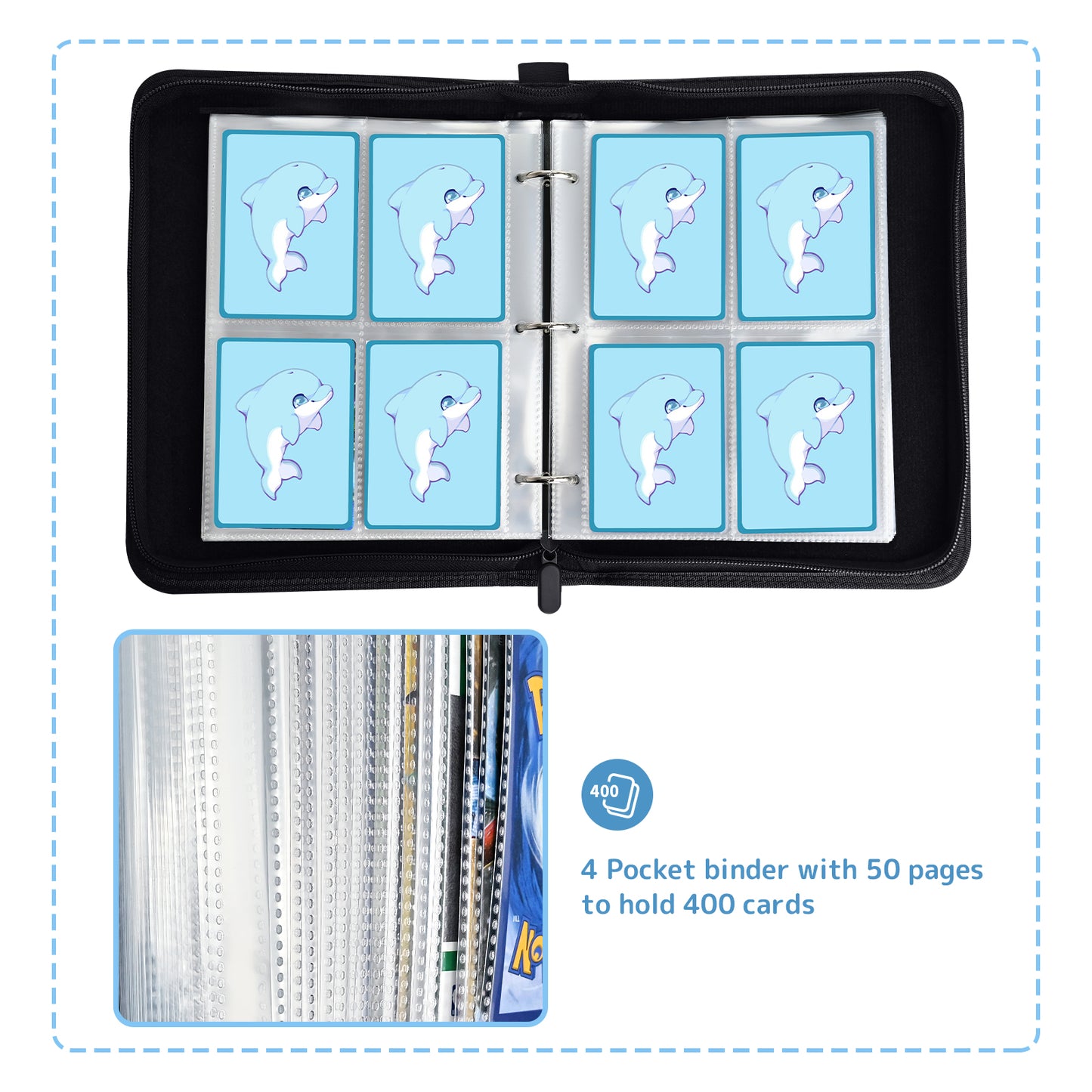 Card Binder 4-Pocket, 400 Pockets Card Holder with 50 Sleeves black