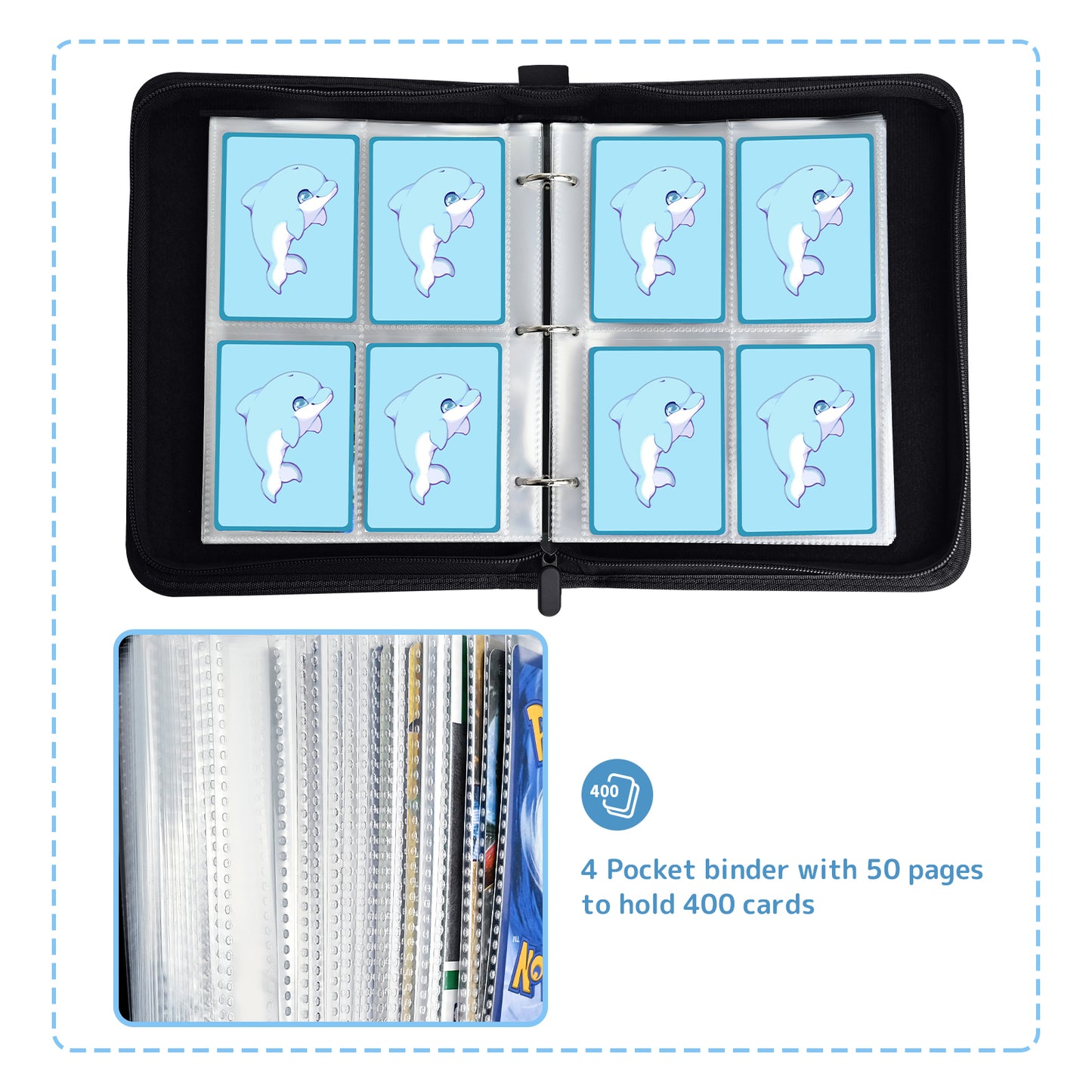 Card Binder for Pokemon Cards Binder 4-Pocket, 400 Cards Trading Card Games Collection Binder with 50 Removable Sleeves