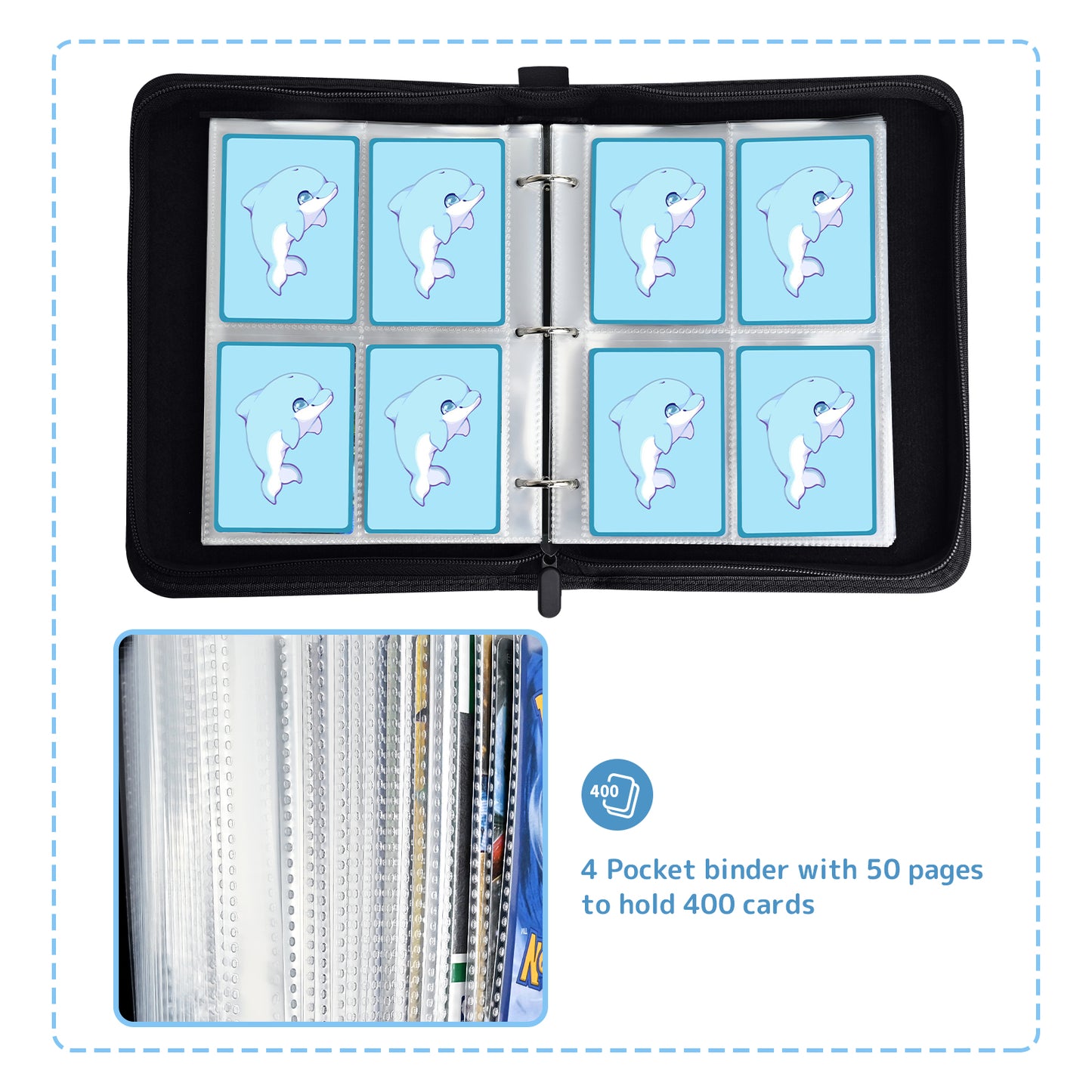 Card Binder 4-Pocket, 400 Pockets Card Holder with 50 Sleeves blue