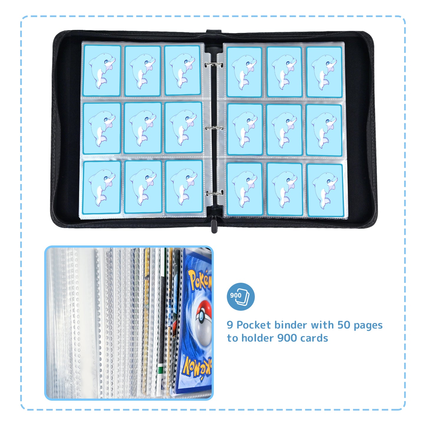 9-Pockets Trading Card Binder with Sleeves,Card Binder Collect Holder Case,900 Pockets Zipper Binder Case Album for Boys Girls
