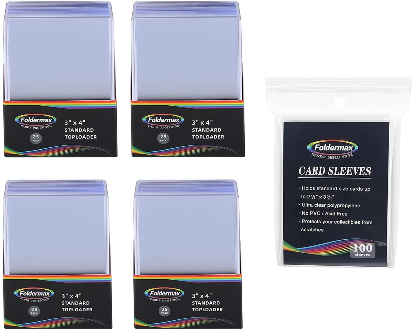 Foldermax 100 Top Loaders 3x4 Regular 35pt Toploader Card Holder and 100 Penny Sleeves Soft Card Protectors Bundle for Trading Cards ,Baseball Cards,Sports Cards, MTG