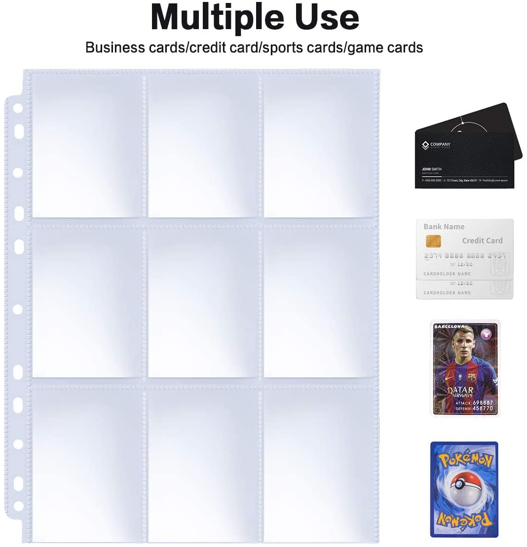 HERKKA Trading Card Sleeve Pages, 100 Pack 9 Pocket Trading Card Storage Album Pages 11 Holes Fit 3 Ring Binder
