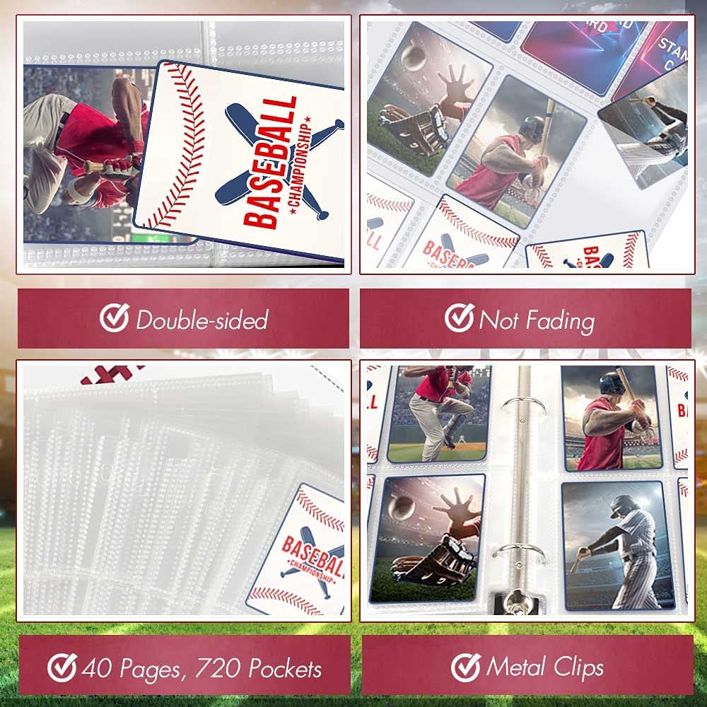 720 Pockets Baseball Card Sleeves Binder for Trading Card, Baseball Card Sleeves Card Holder Album Protectors Set Fit for Football Card, Baseball Card, Sport Card