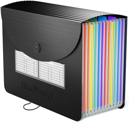 Expanding File Folder/BluePower24 Pockets Accordian File Organizer/Portable Expandable Plastic Filing Box, Accordion Bill/Paper/Document/Receipt Organizer Folders with Colored Tabs(A4/Letter Size)