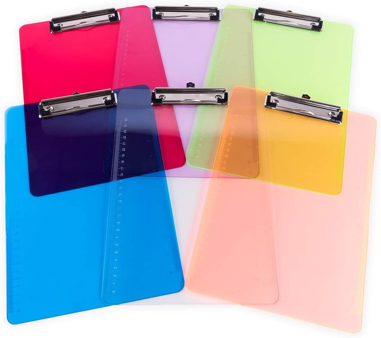 Slim Plastic Transparent Thin Lightweight Colorful Fun Clipboard with Ruler Measurements, Hanging Hook for Portable Classroom Children Teacher College Size (9" x 12.5") (6 Pack)