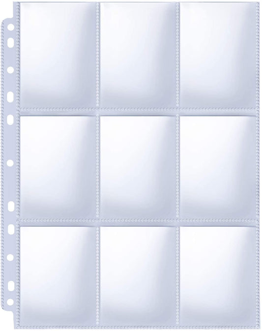 HERKKA Trading Card Sleeve Pages, 100 Pack 9 Pocket Trading Card Storage Album Pages 11 Holes Fit 3 Ring Binder