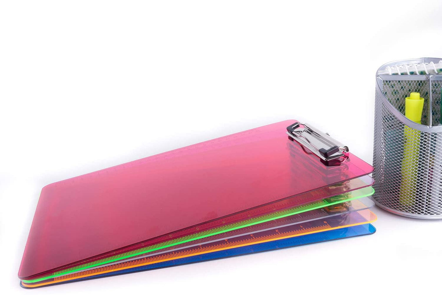 Slim Plastic Transparent Thin Lightweight Colorful Fun Clipboard with Ruler Measurements, Hanging Hook for Portable Classroom Children Teacher College Size (9" x 12.5") (6 Pack)