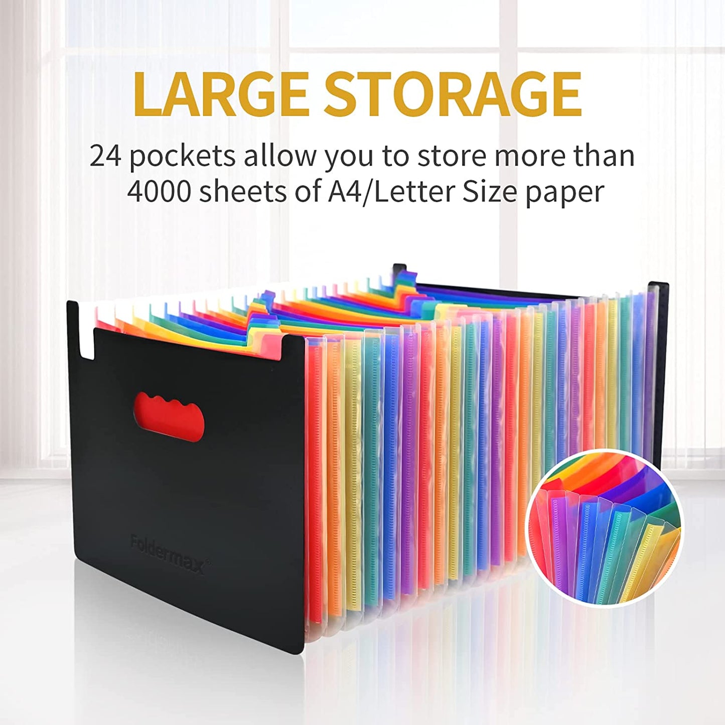 Foldermax 24 Pockets Expanding File Folder,Accordian File Organizer with Expandable Cover,Portable A4 Letter Size File Organizer,Desktop Accordion Folders,High Capacity Plastic Filing Folder Organizer