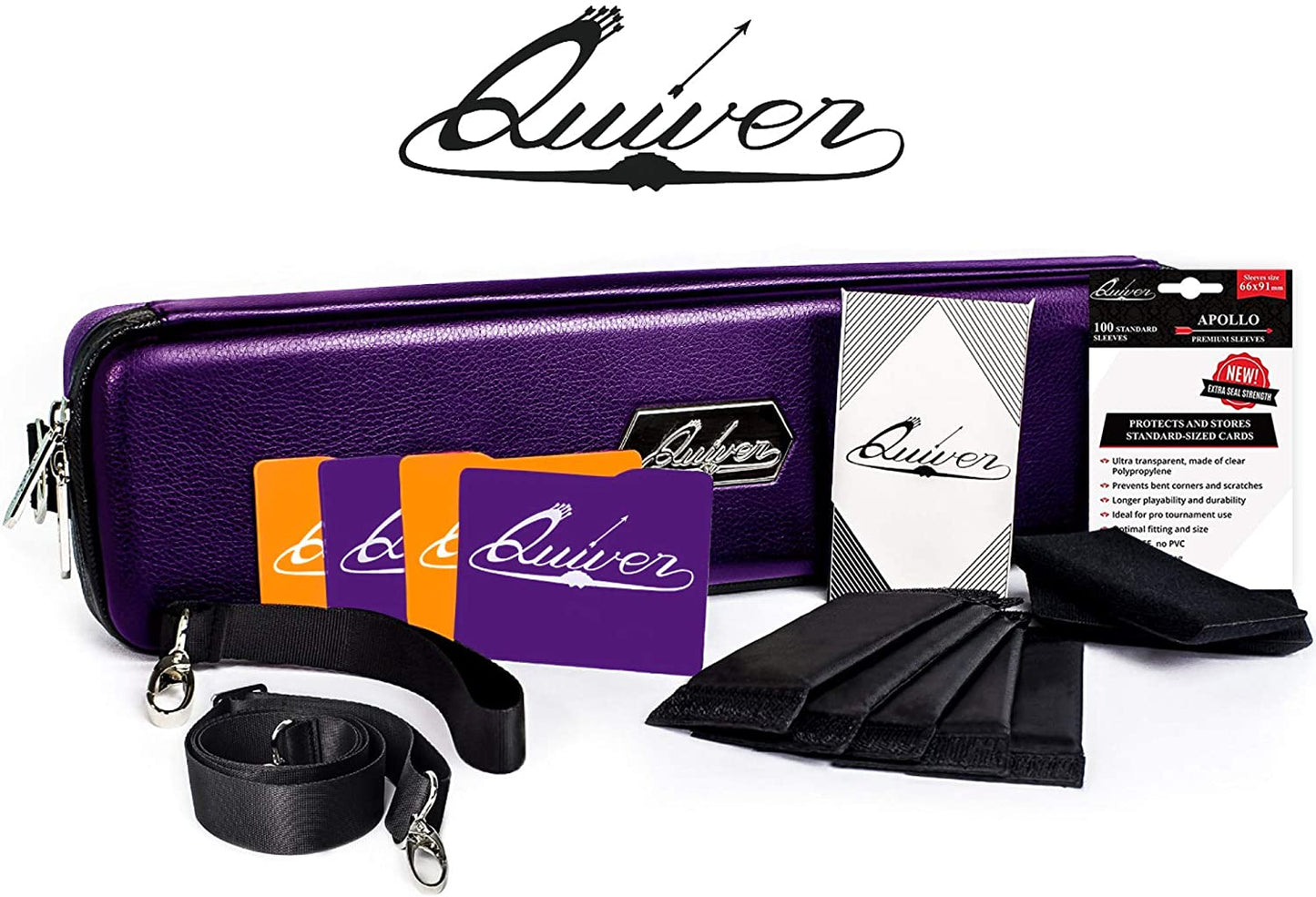 Quiver Time Purple Bolt Collector Card Carrying Case ~ Card/Deck Storage Case with Wrist and Shoulder Strap, Dividers & Separators, Corner Pads + 100 Apollo Card Sleeves ~ Deck Box Bag Compatible
