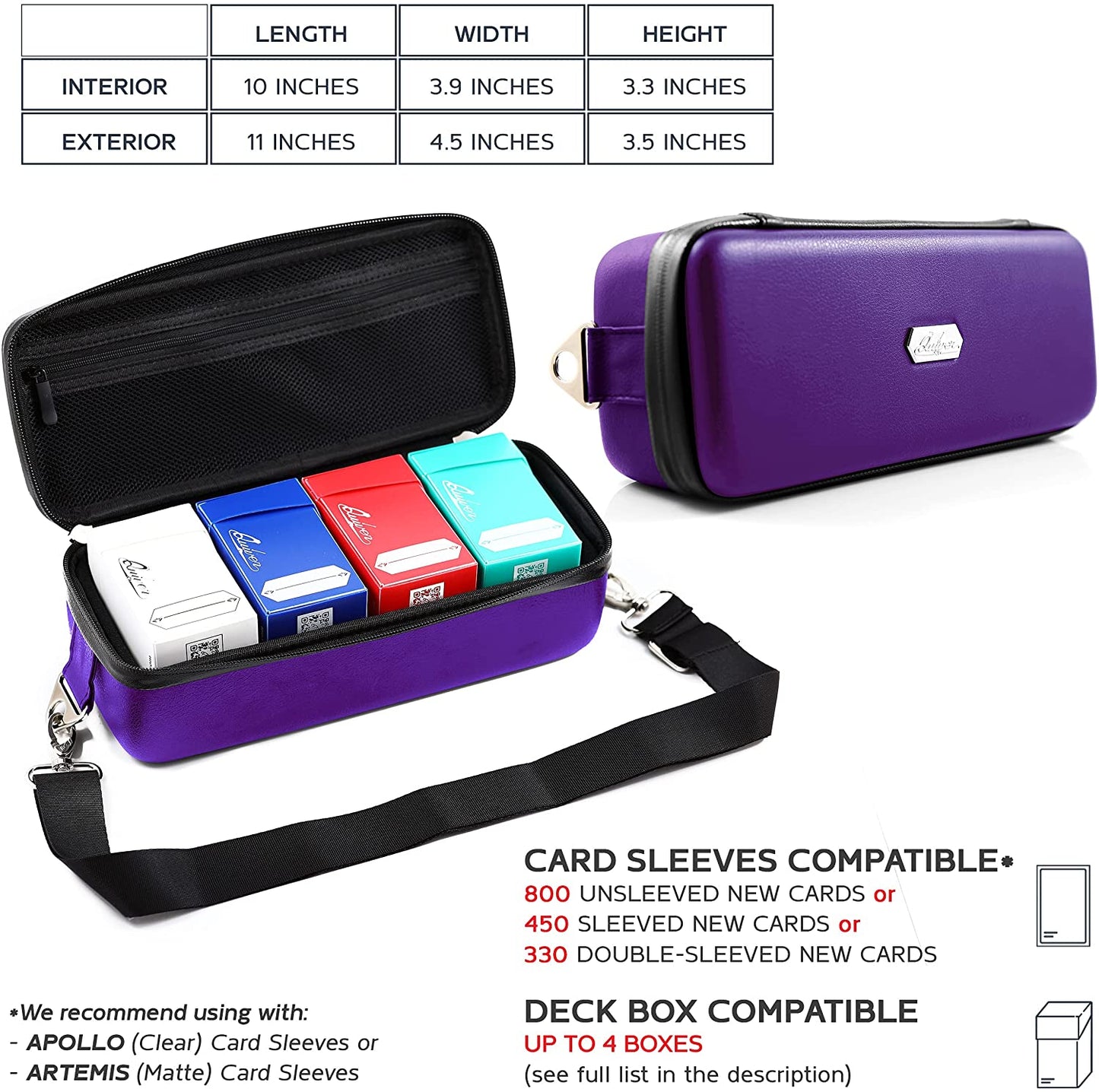 Quiver Time Purple Bolt Collector Card Carrying Case ~ Card/Deck Storage Case with Wrist and Shoulder Strap, Dividers & Separators, Corner Pads + 100 Apollo Card Sleeves ~ Deck Box Bag Compatible