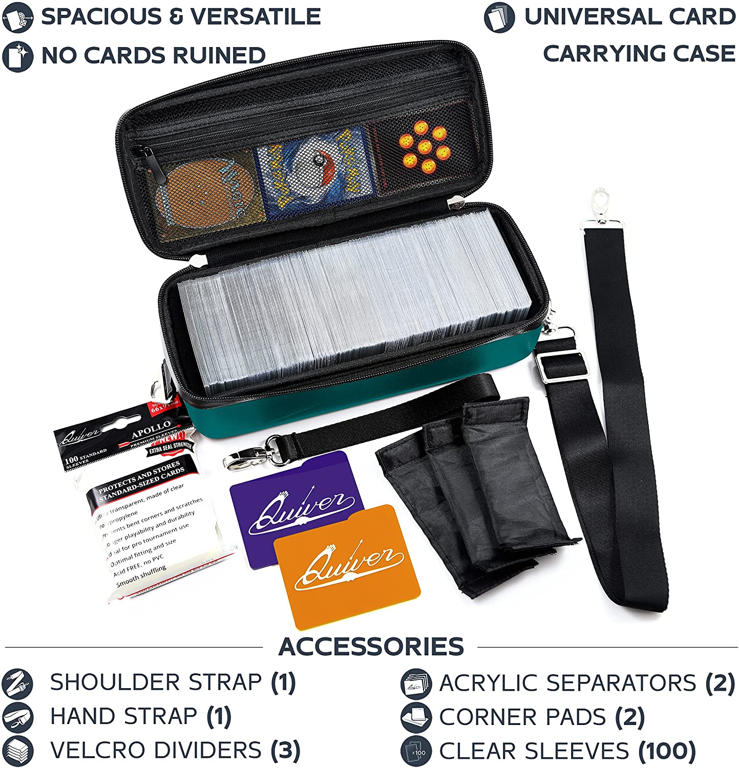 Quiver Time Purple Bolt Collector Card Carrying Case ~ Card/Deck Storage Case with Wrist and Shoulder Strap, Dividers & Separators, Corner Pads + 100 Apollo Card Sleeves ~ Deck Box Bag Compatible